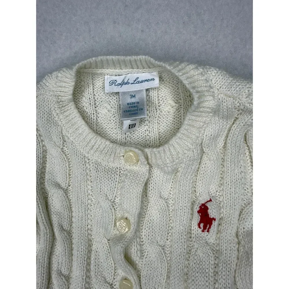 Ralph Lauren Baby Girls 3M Cream Cable Knit Ruffle Cardigan Sweater Red Pony